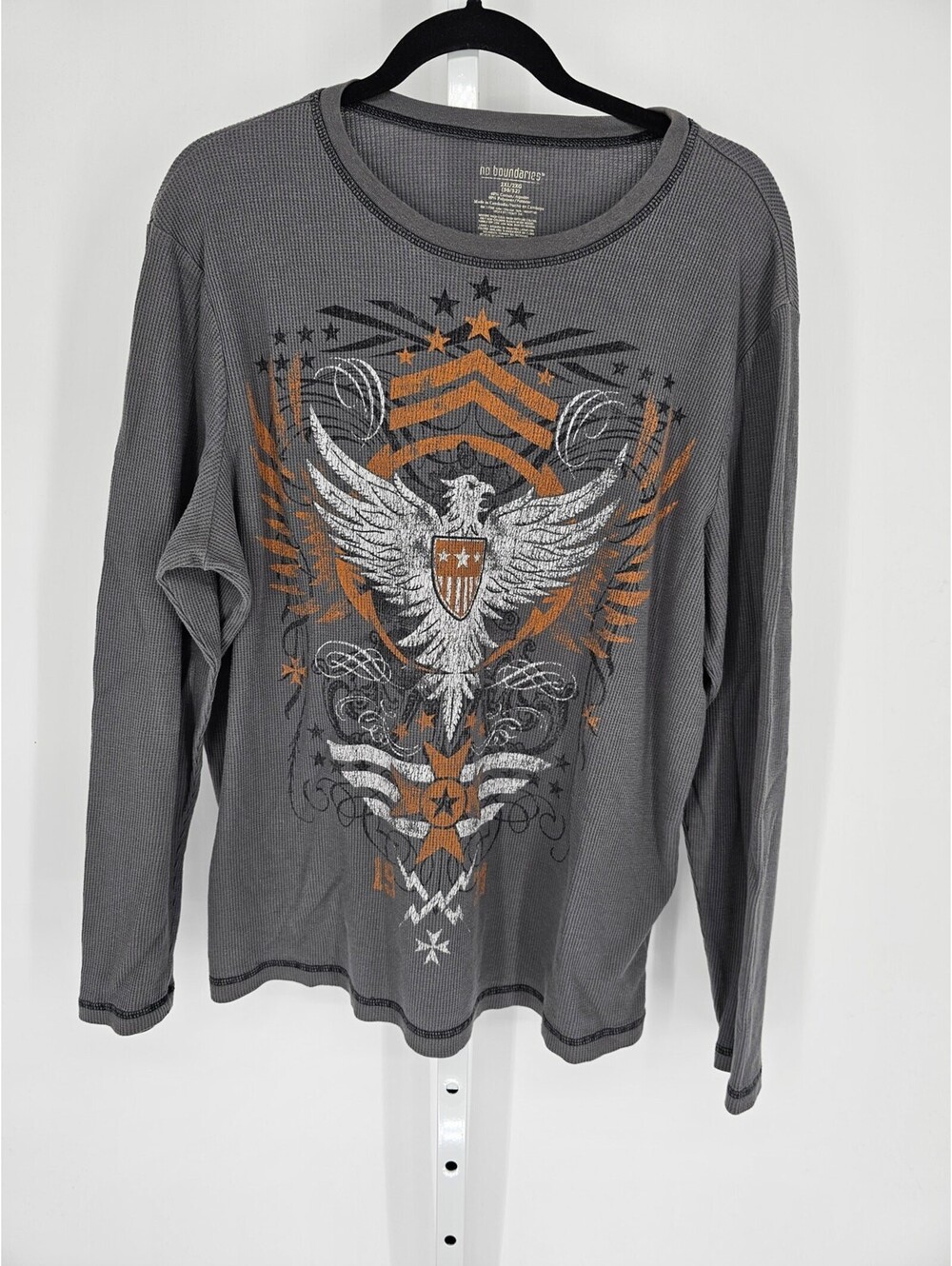 No Boundaries Men's Gray Graphic Printed Cotton Long Sleeve Tee Top Size 2XL